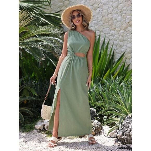 Cut-Out Waist Solid Color Side High Slit Hem One Shoulder Sleeveless Dress - Picture 1 of 7